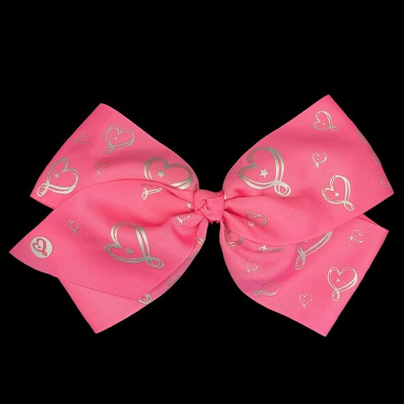 Large Pink/Silver Heart Print Fabric Bow Hair Clip - Picture 1 of 2